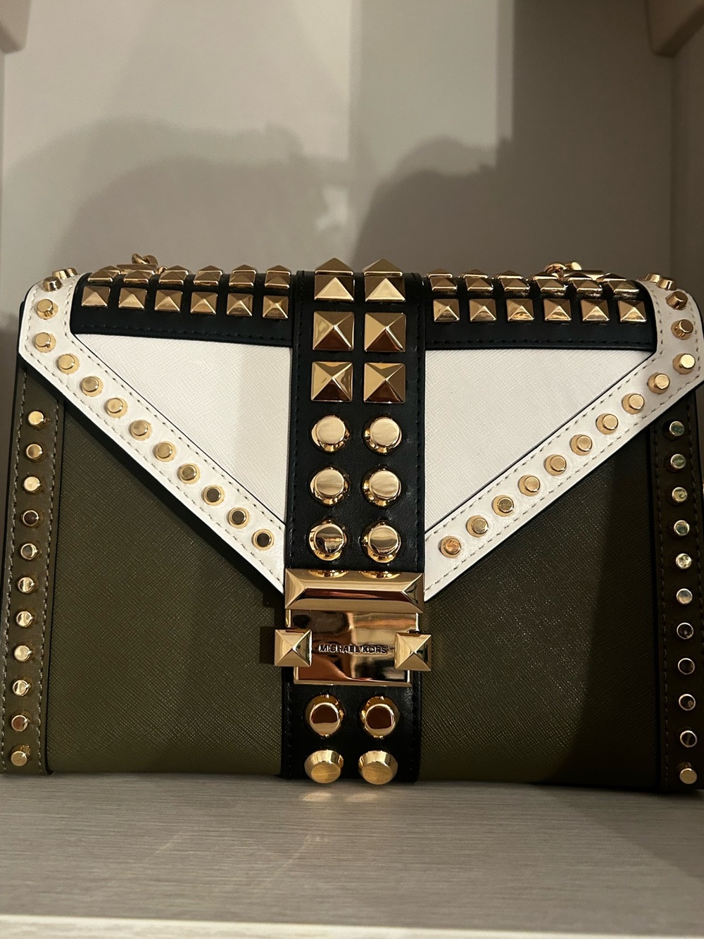 Michael Kors Olive, White & Black Studded Crossbody